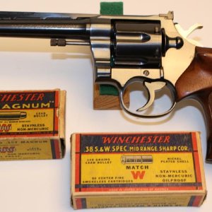 Colt .357 Shooting Master 1937/1938 with King Super Target rib, Roper grips and period  correct ammunition.