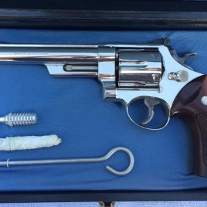 Smith and Wesson Model 29 with factory nickel finish and 6 1/2 inch barrel.