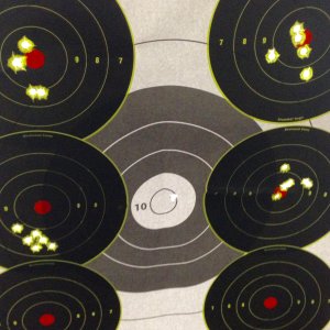 Model 58 - left. Model 57 - right. All targets @ 10 yards, single action, unsupported two-hand hold
Top row: Five rounds Doubletap, 180gr Barnes bulle