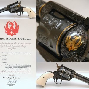 50th Anniversary Blackhawk 44 Magnum, engraved and inlaid with gold by Paul Lantuch, 2006
