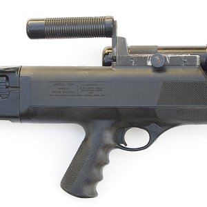 One of the most unusual classics covered in the book is this High Standard Model 10-B 12 gauge bullpup shotgun. The history, operation and particulars