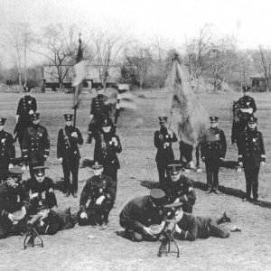 NYPD with Lewis Guns ca. 1914-1926. Likely taken in the Pelham Park area of Bronx. Note the round "doorman" hats that were discontinued in 1926 and re