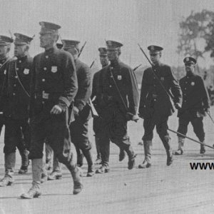 NYPD field artillery unit. Manned by the Riot Battalion at The Arsenal in Central Park. Note slung Krag rifles. Not a Gatling as by this time the Depa