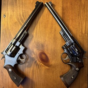 Two “one-of-a-kind” Post War Transitional .357 Magnums, 8-3/4” on the left & 8-1/2” on the right.