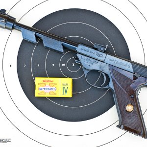 The High Standard slant-grip "space guns" were .22 target shooting standouts in the 1950s and 1960s. This a Model 102 with an 8" barrel that shipped i