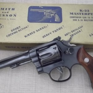 Pre-model 17, five screw, six inch barrel, serial K1858x that shipped from the factory in March of 1948  in the factory gold and blue box.