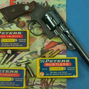 Pre-WW II Non-Reg 357 Mag, SN 621xx, 6 1/2" bl w/ three boxes of Peters 357 Mag Ammo.