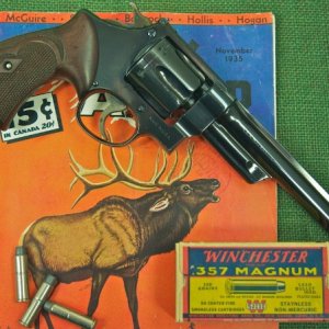 Reg. 357 Mag., Reg No. 301, 6 1/2" bl w/ "1935" Win. box of .357 ammo.