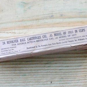 An un-opened box of 24 cartridges in .45 acp made by Remington U.M.C. for the model of 1917 revolvers.
