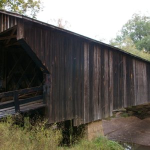 Big Red Oak Creek Bridge used in the movie Lawless.  Including the exposed section, it's the longest wooden bridge in Georgia.  Built in the late 1840